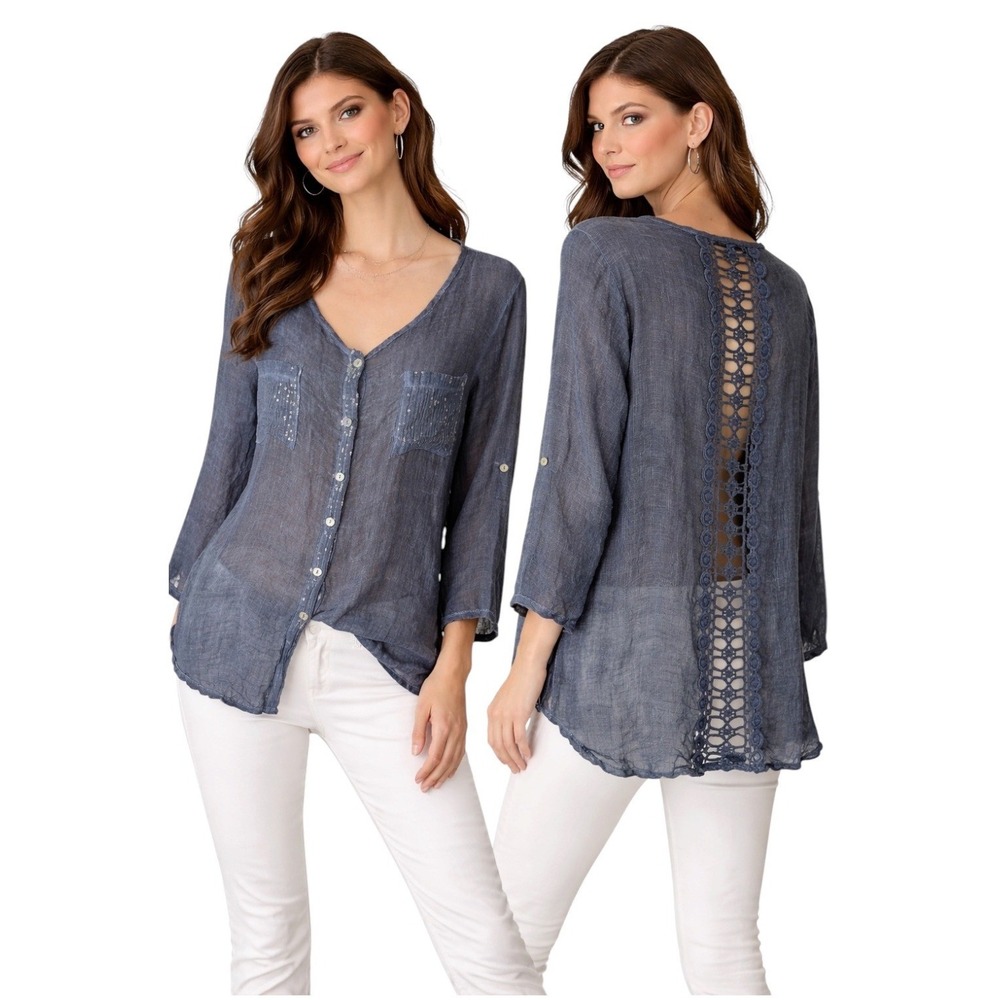 Tempo Paris Linen Shirt Womens XL Blue Crochet Back Sequin Italy Lagenlook